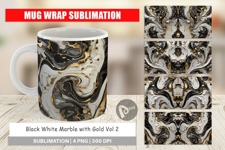 Mug Wrap Design Black White Marble Gold