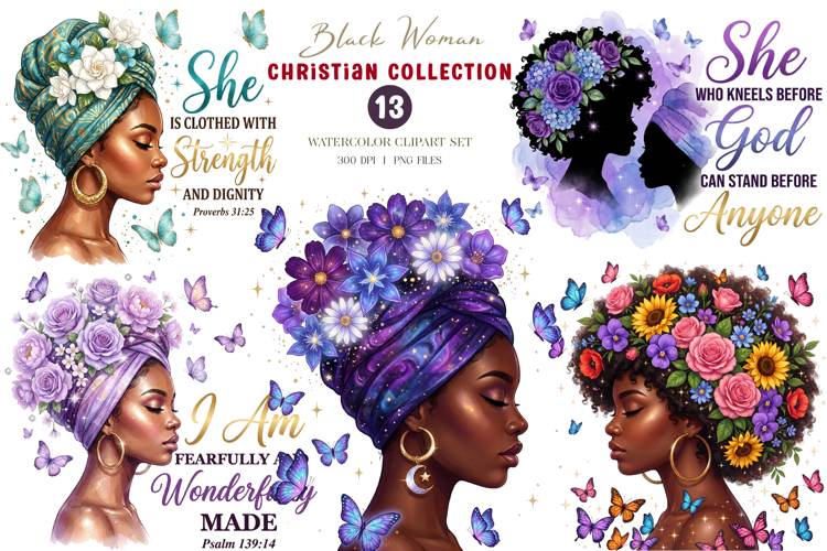 Black Woman Christian Watercolor Clipart Bundle PNG