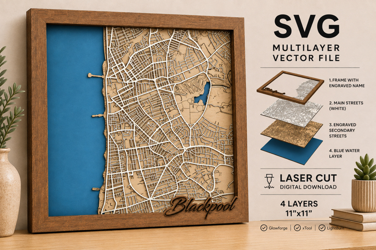 Blackpool UK Layered City Map SVG | 4 Layer Laser Cut SVG