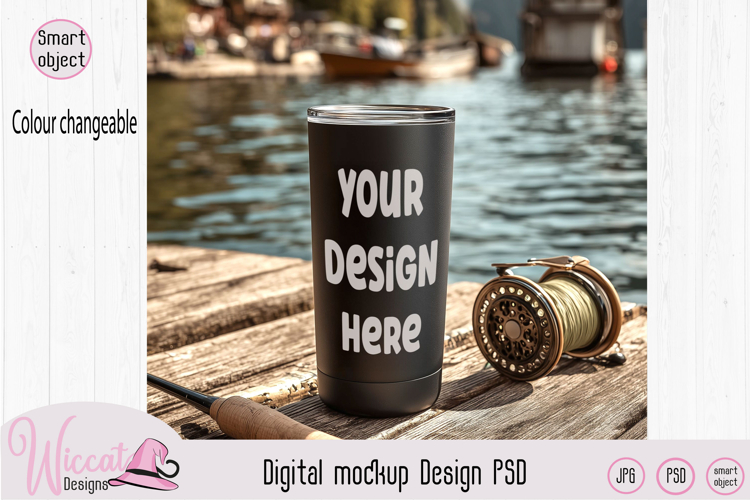 Fishing tumbler mockup PSD lake scene cup mockup outdoor tum