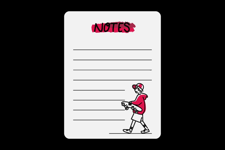 Blank notes paper with line art skateboard boy design