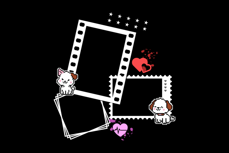 Blank photos frame template with pixel art cute dog characte
