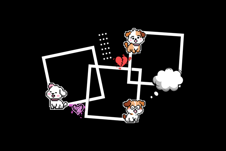 Blank photos frame template with pixel art cute dog characte