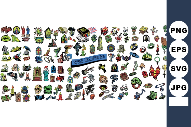 Tattoo Flash Graveyard Vector Icons Skulls Coffins Crosses