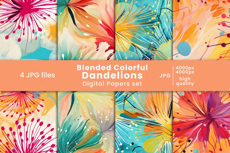 blended dandelions digital paper and colorful floral pattern