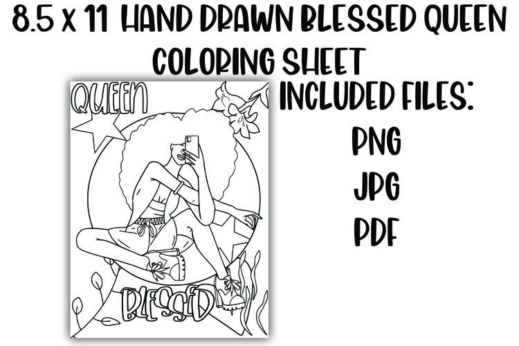 Black Woman Queen and Blessed Floral Coloring Sheet example image 1