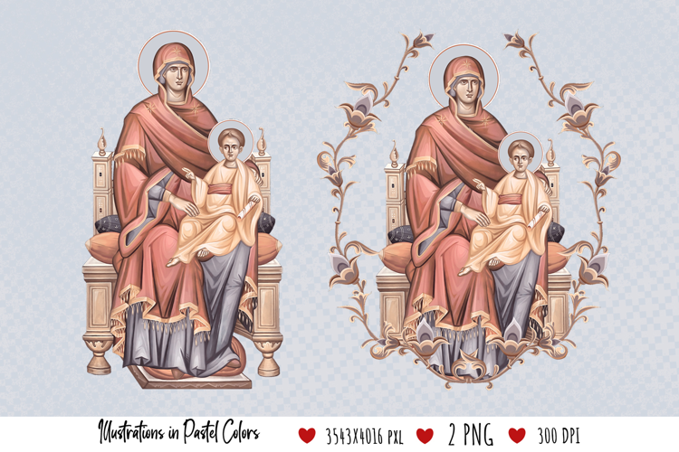 Blessed Mary, Jesus Christ Illustration in Byzantine Style