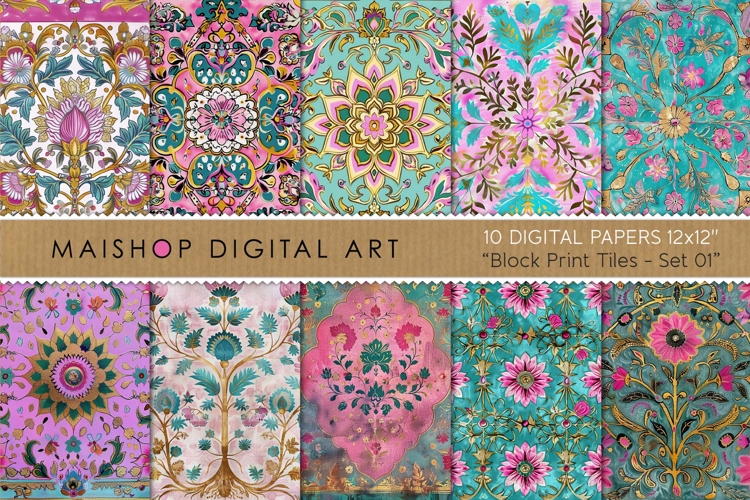 Exotic Floral Block Print Digital Paper Pack