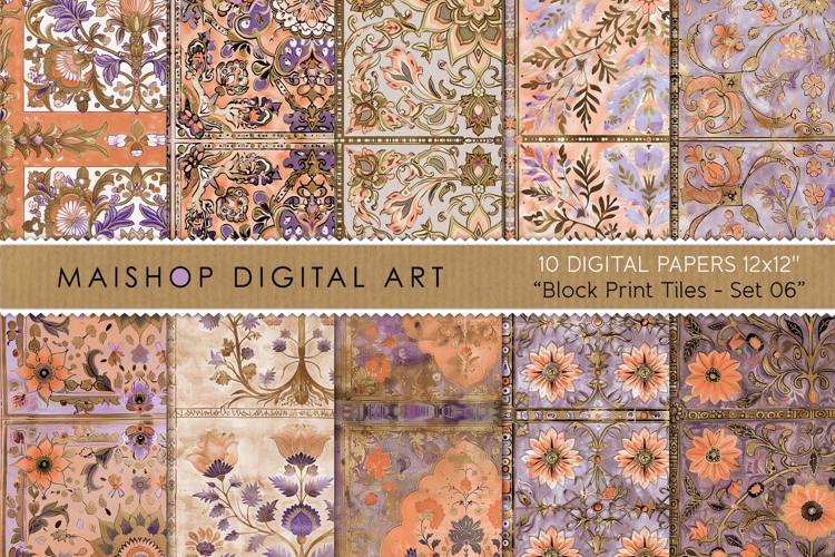 Soft Orange Lavender Block Print Tile Digital Papers