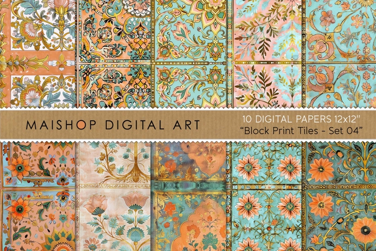 Vibrant Exotic Block Print Tile Digital Papers