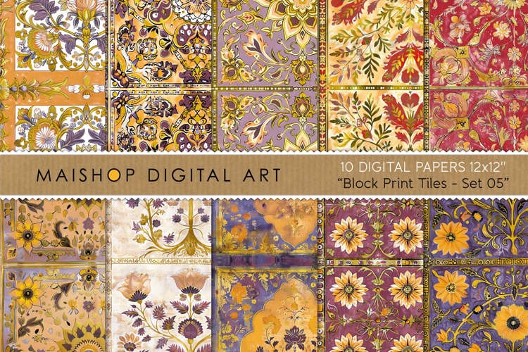 Vibrant Purple Yellow Red Block Print Digital Papers