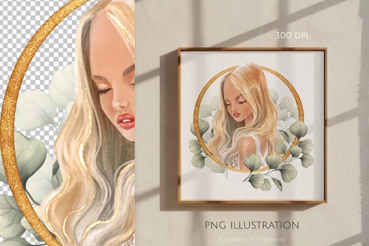 Blonde Girl Eucalyptus Botanical Portrait PNG example image 1