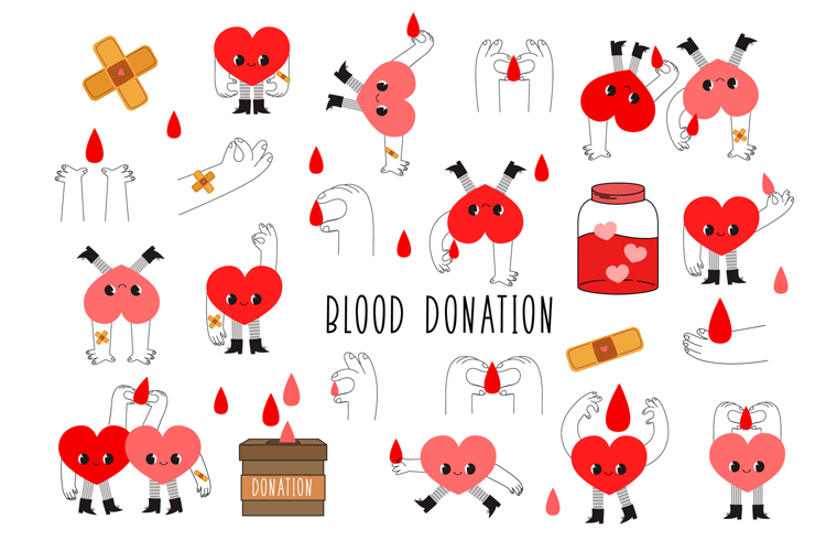 Hand-Drawn Blood Donation Clipart: 24 Cute Heart Characters
