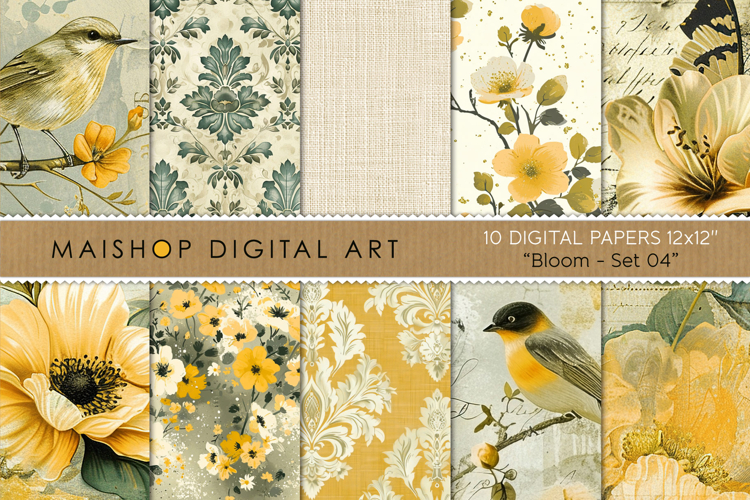 Yellow Botanical Birds and Vintage Florals Digital Paper Set