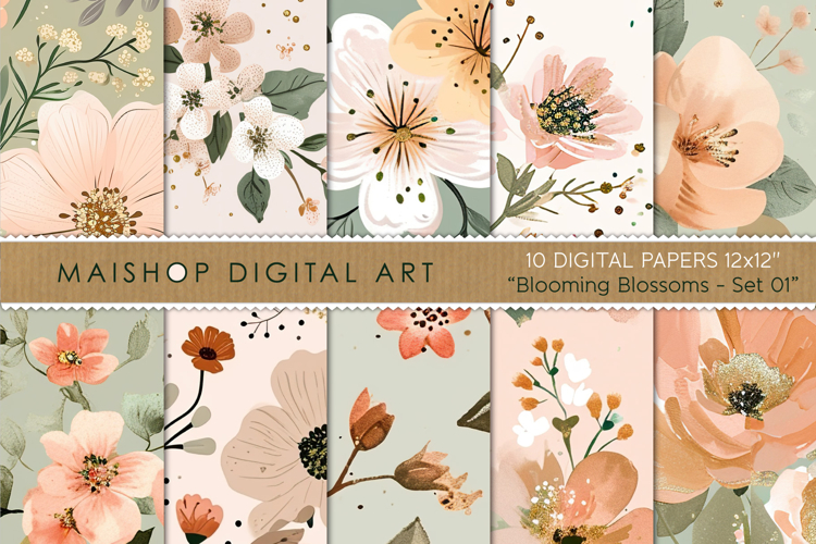 Modern Floral Digital Paper Green Blush and Gold