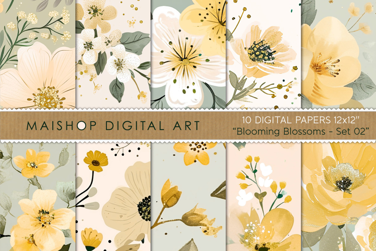 Muted Green Yellow White Floral Digital Paper Pack