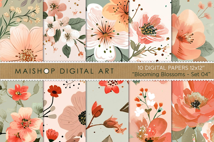 Floral Digital Paper in Mint Red Pink and Gold Hues