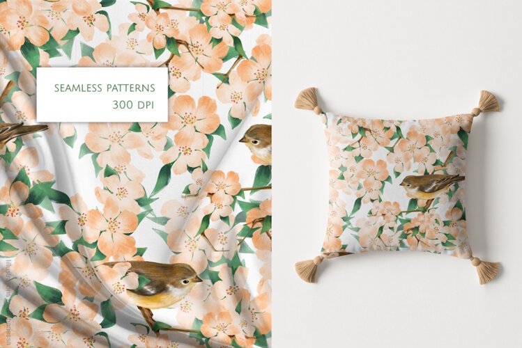 Blossom and Songbird Seamless Pattern example image 1