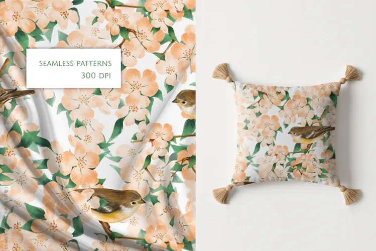 Blossom and Songbird Seamless Pattern