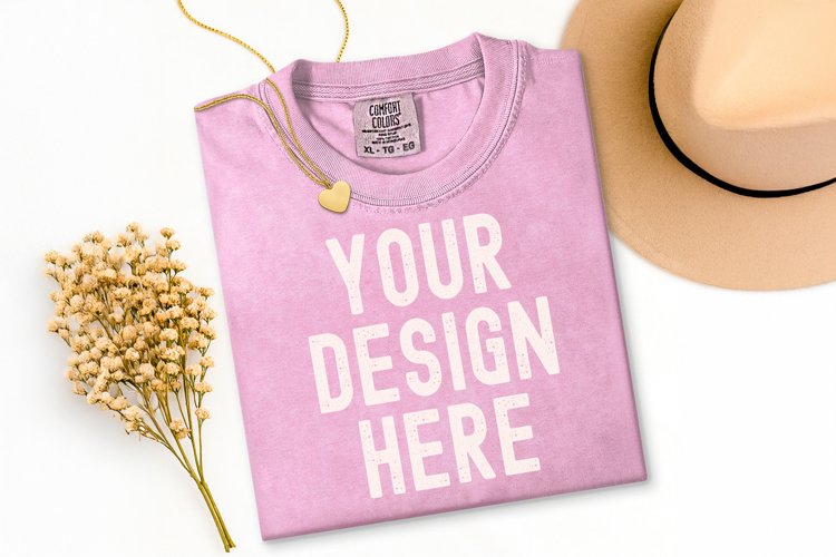 Comfort Colors C1717 Blossom Shirt Mockup, Flat Lay Mockup