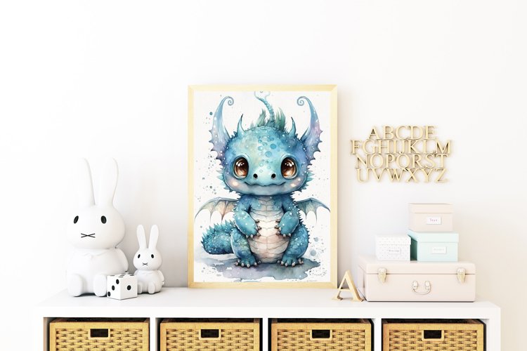 Watercolor Baby Blue Dragon Nursery Wall Art