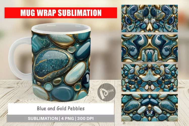 Mug Wrap Design Blue and Gold Pebbles