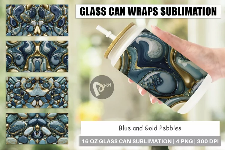 Glass Can Wraps Blue and Gold Pebbles