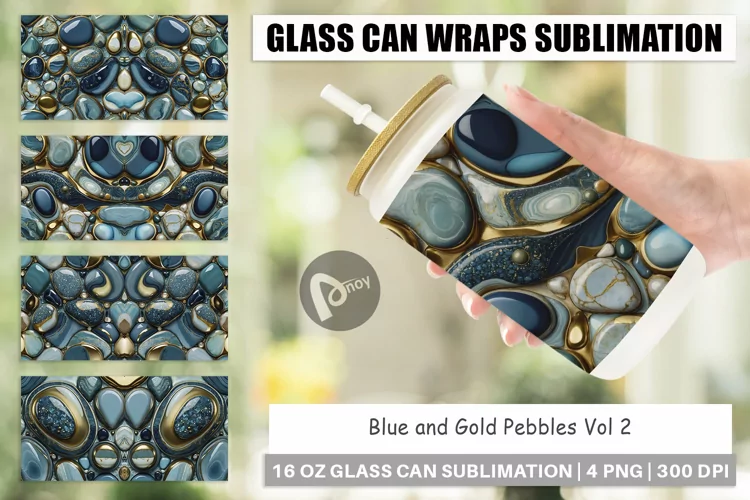Glass Can Wraps Blue and Gold Pebbles