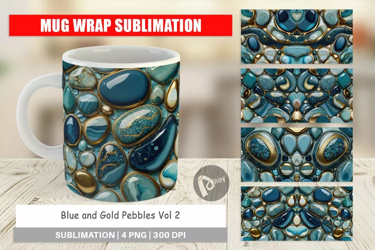 Mug Wrap Design Blue and Gold Pebbles