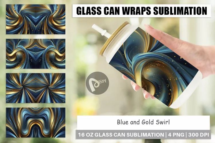 Glass Can Wraps Blue and Gold Swirl