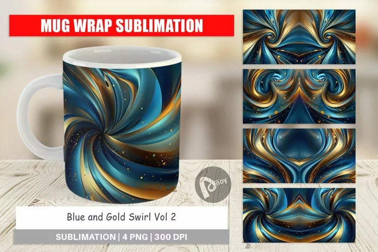 Mug Wrap Design Blue and Gold Swirl
