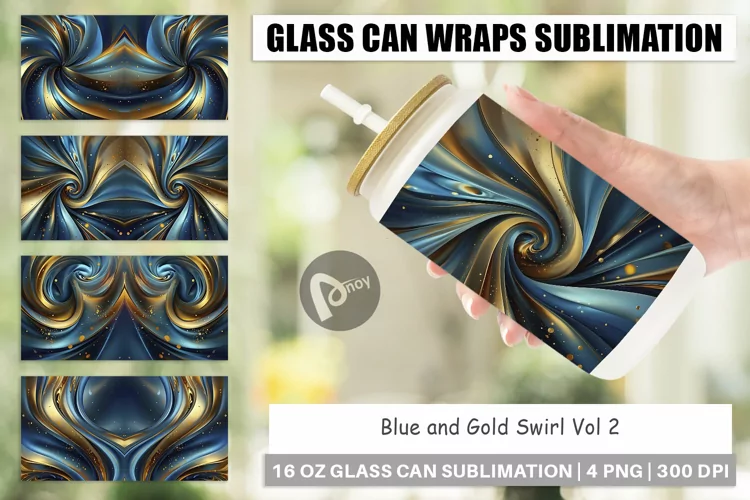 Glass Can Wraps Blue and Gold Swirl