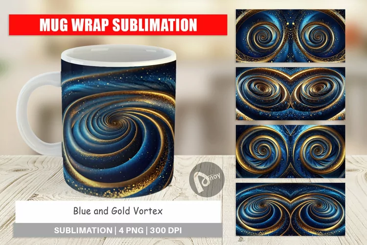 Mug Wrap Design Blue and Gold Vortex