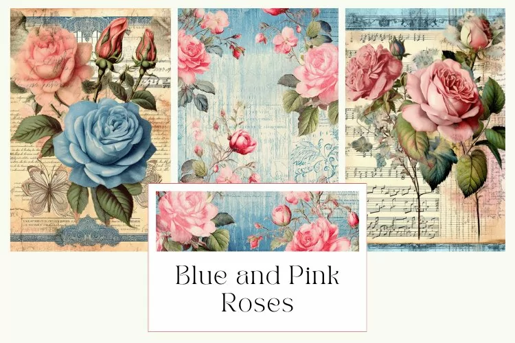 Blue and Pink Roses Vintage Junk Journal Page