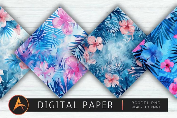 Blue and Pink Tropical Watercolor Floral Pattern Wallpaper