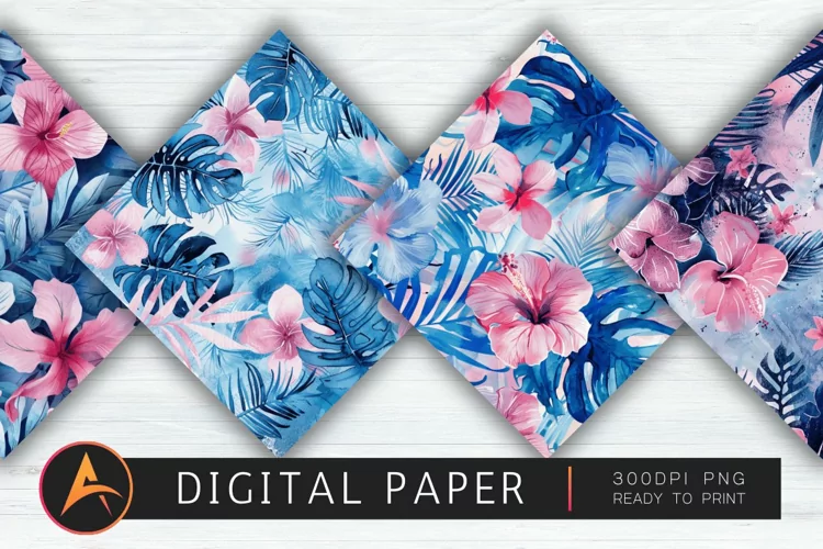 Blue and Pink Tropical Watercolor Floral Pattern