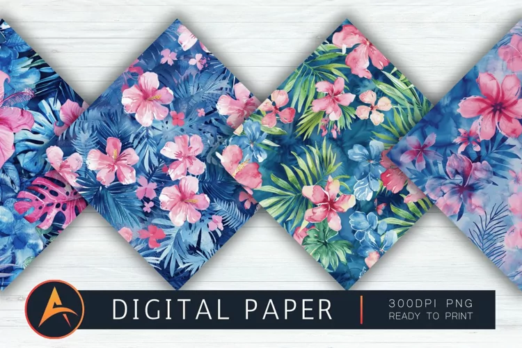 Blue and Pink Tropical Watercolor Floral Pattern