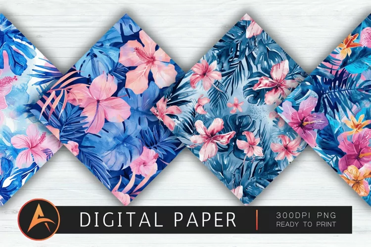 Blue and Pink Tropical Watercolor Floral Pattern Background