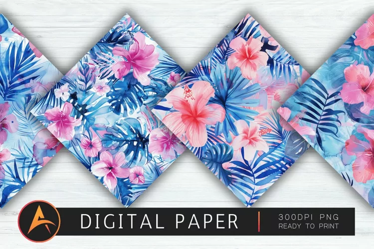 Blue and Pink Tropical Watercolor Floral Digital Paper