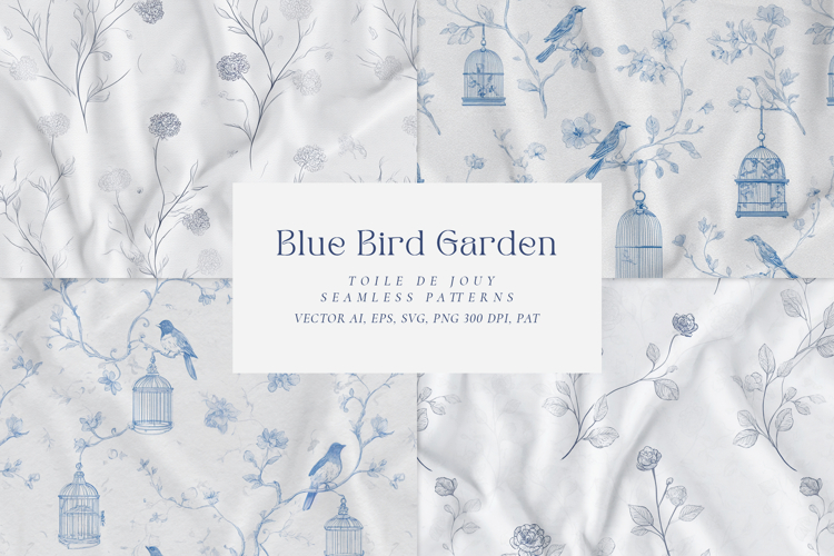 Blue Bird Garden Floral Blue Toile Seamless Patterns