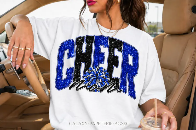 Cheer Mom PNG | Blue Black Glitter Pom Pom Design