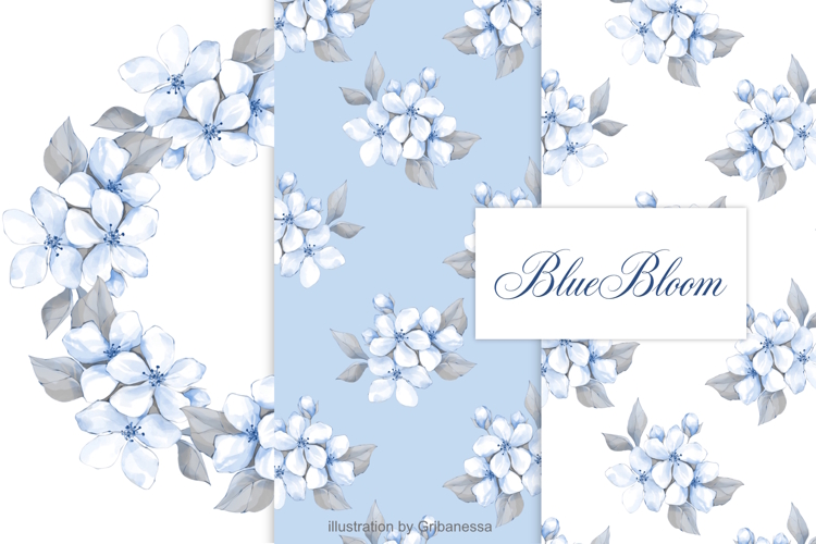 Blue Floral Patterns and Wreath Set