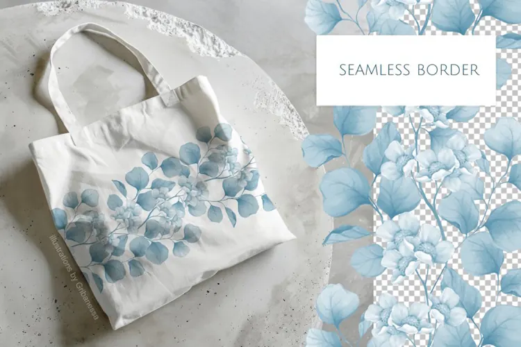 Blue Blossom Botanical Seamless Border PNG