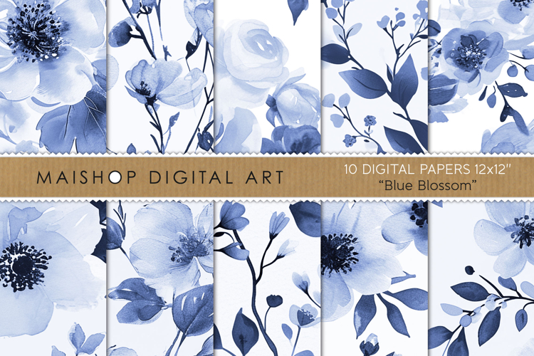 Navy Blue Floral Digital Papers Soft Watercolor Effect