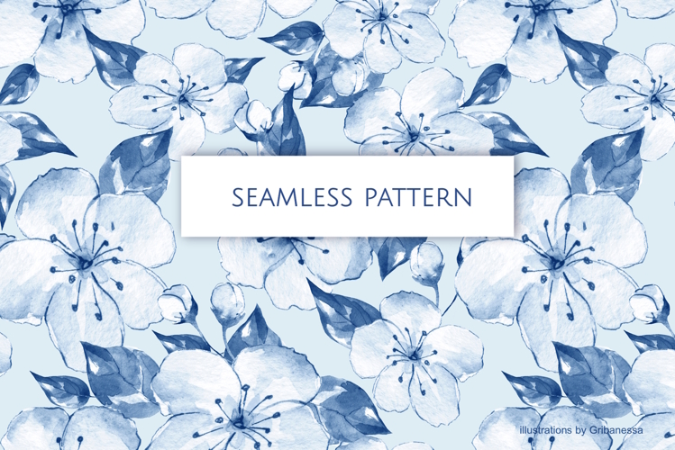 Blue Watercolor Floral Seamless Pattern