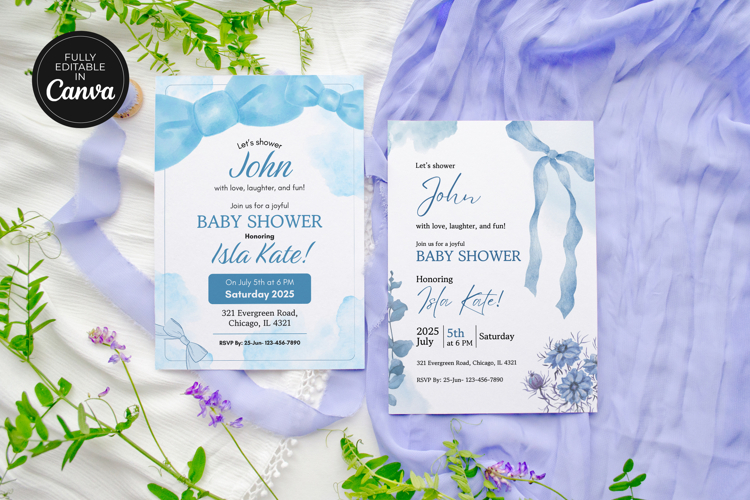 Editable Blue Bow Baby Shower Invitation Canva Template