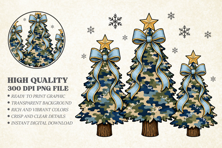 Blue Camo Christmas Tree Coquette Bow PNG, Winter Design