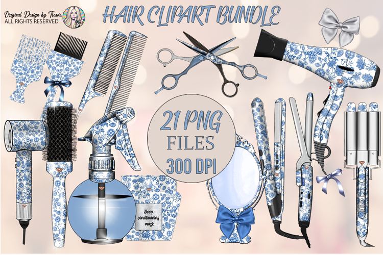 Blue Floral Hair Clipart Bundle PNG Beauty Tools Set Clipart