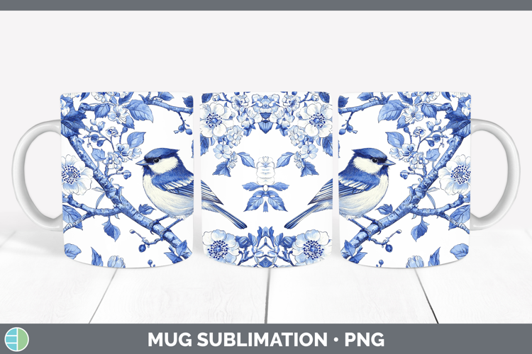 Blue Chinoiserie Birds Chickadee Mug Wrap Sublimation Coffee