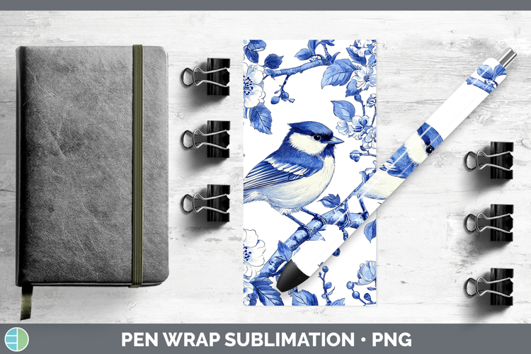 Blue Chinoiserie Birds Chickadee Pen Wrap Sublimation Pen De